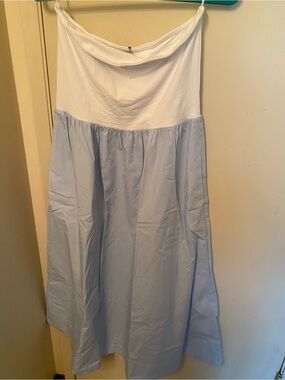 Babaton White and Light Blue Strapless Maxi Dress with pockets